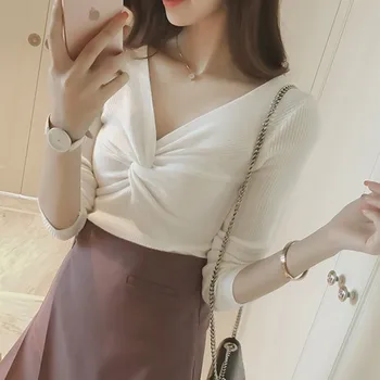 

DeRuiLaDy 2019 Fall Winter Sweater Women Long Sleeve Solid Color V-neck Sexy Cross Knotted Sweater Womens Knitted Sweaters