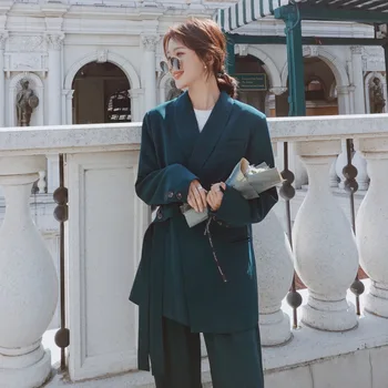 

2020 Spring And Autumn New Trend Bright Line Streamer Suit Suit Women Fashion Casual Solid Color Loose Shirt Trousers Green S-XL