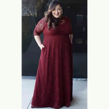 

New Arrival Charming Dark Red Lace Plus Size Mother of the Bride Dresses with Three Quarter Sleeve Wedding Party Gowns Big Size