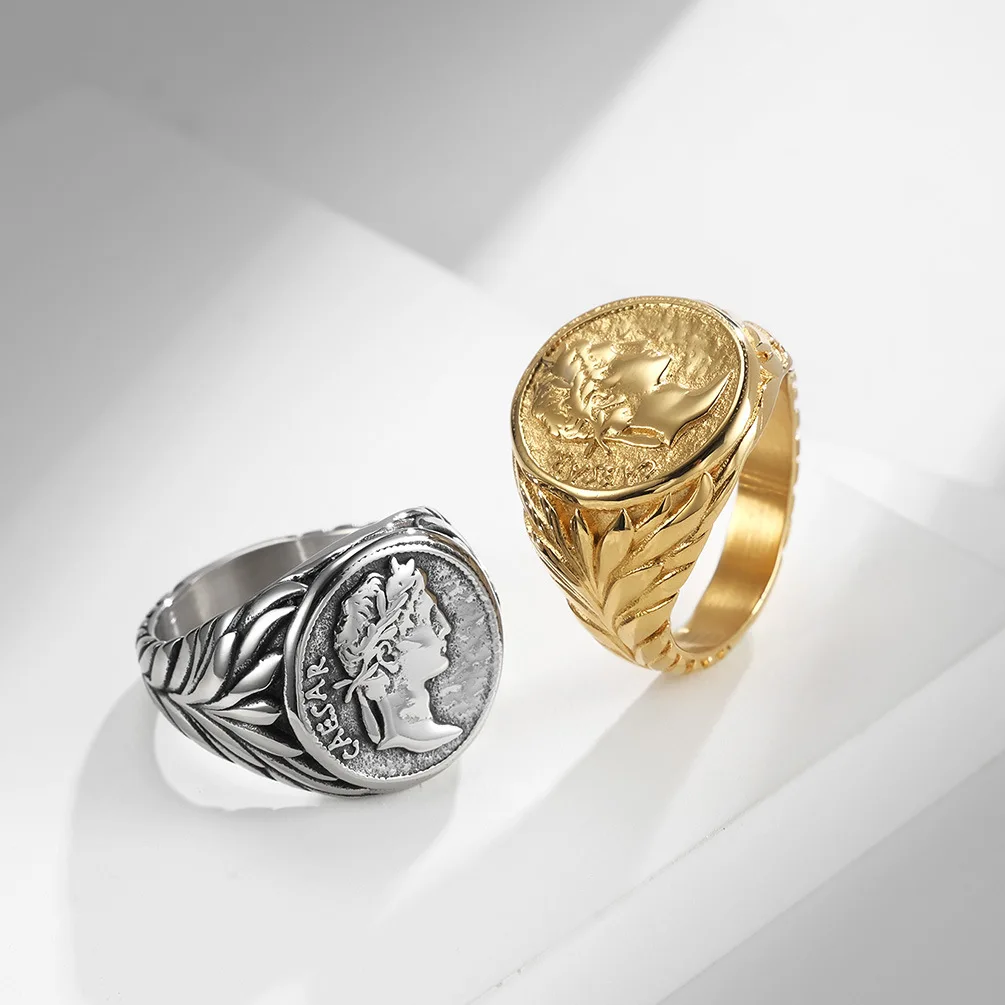 Roman Gaius Julius Caesar Head Rings Vintage Stainless Steel Coin Jules Caesar Ring for Men Male Warrior Jewelry