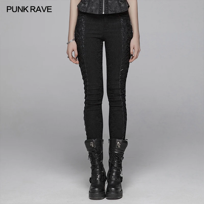 

PUNK RAVE Women's Gothic Daily Black Elastic Jacquard Trousers Personality Casual Women Pants Street Wear Leggings