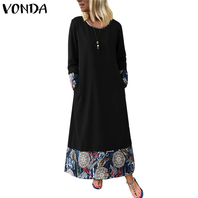 Черный VONDA женское винтажное платье осеннее Повседневное платье с длинным рукавом в богемном стиле с принтом в стиле пэчворк вечерние платья для пляжа Vestido Плюс Размер Robe Femme - Цвет: Черный