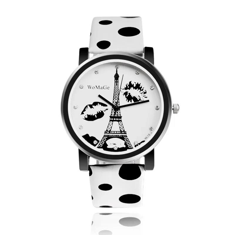 

WOMAGE Women's Watches Fashion Eiffel Tower Watch Polka Dot Leather Strap Ladies Watches Clock relogio feminino bayan kol saati