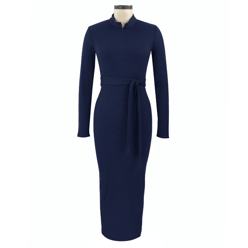 YD5237-deep blue Женское зимнее трикотажное платье-свитер, женские вечерние платья миди с длинным рукавом на молнии - Цвет: YD5237-deep blue