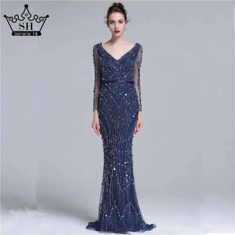 navy blue Дубай Robe De Soiree Роскошные вечерние платья с длинным рукавом настоящая фотография Кристалл Блестки темно-синий Русалка Вечерние платья BLA6010 - Цвет: navy blue