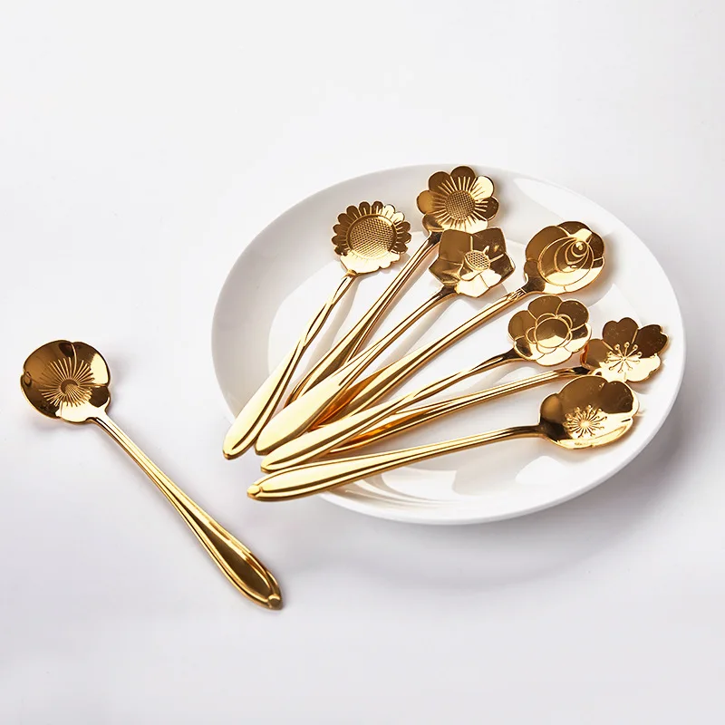 

Creative Dessert Ice Cream Coffee Spoon Kitchen Stainless Steel Flower Design Coffee Stir Teaspoon 8PCS Long Handle Spoon ZL364