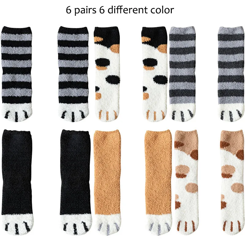 6 color per pair 6 пар/лот, новые женские носки для сна с милым рисунком когтей кошки, женские теплые зимние толстые коралловые бархатные носки-Тапочки - Цвет: 6 color per pair