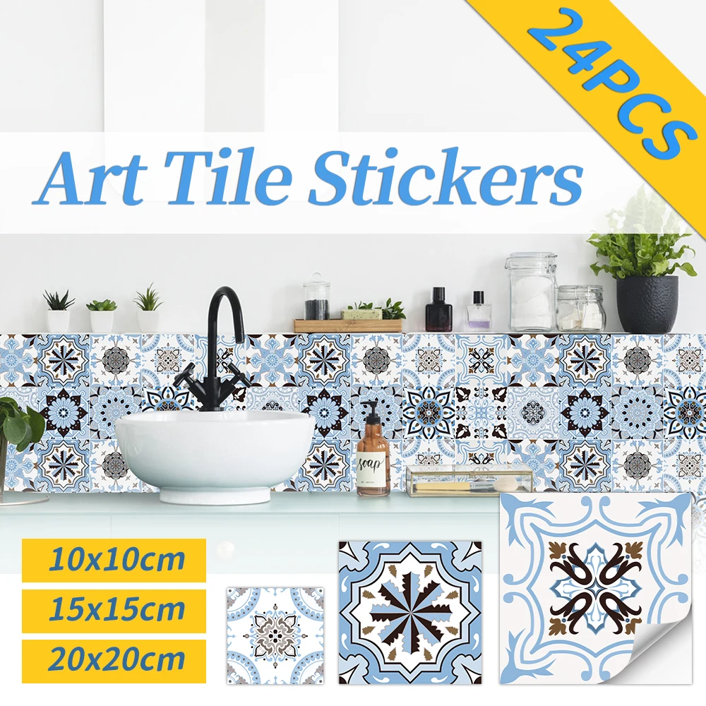 24pcs Kitchen Bathroom Tile Stickers Mosaic Sticker PVC Self-adhesive Wall Decor 