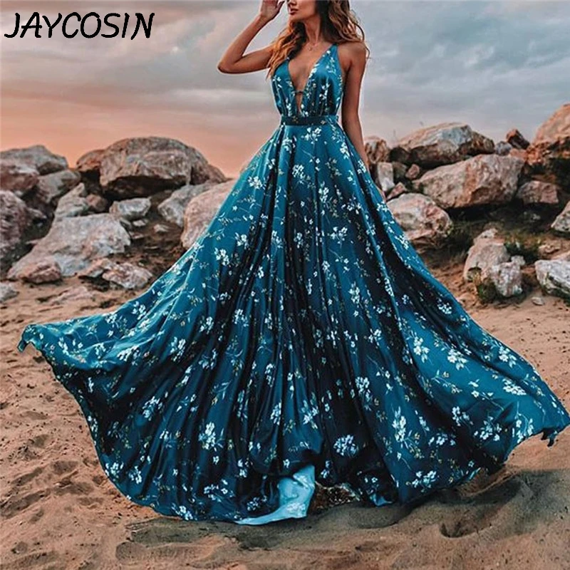 JAYCOSIN женское платье цветочный принт глубокий v-образный вырез без рукавов сексуальное платье на бретелях длинные качели пляжные Вечерние вечернее платье a20