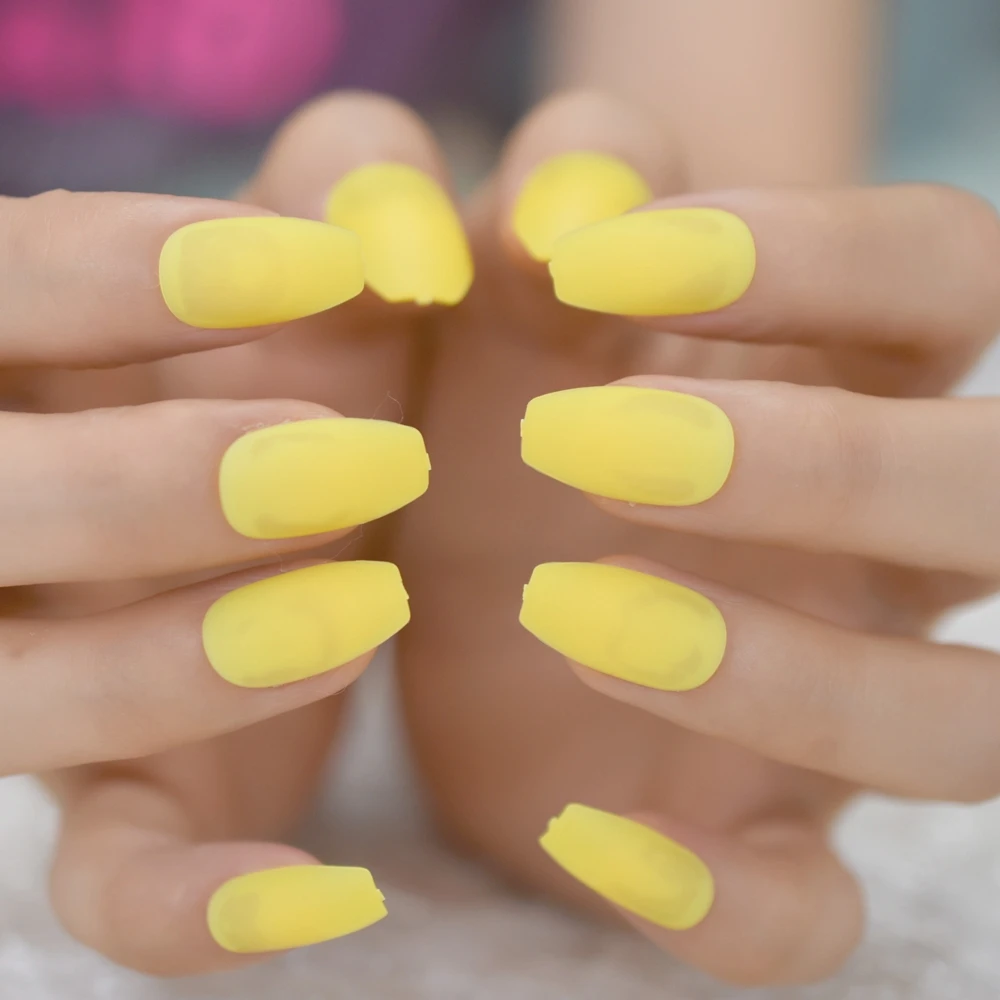 Uñas postizas mate de color amarillo neón, manicura Artificial, 24 uñas  esculpidas, decoración de dedos Echiq|Uñas postizas| - AliExpress