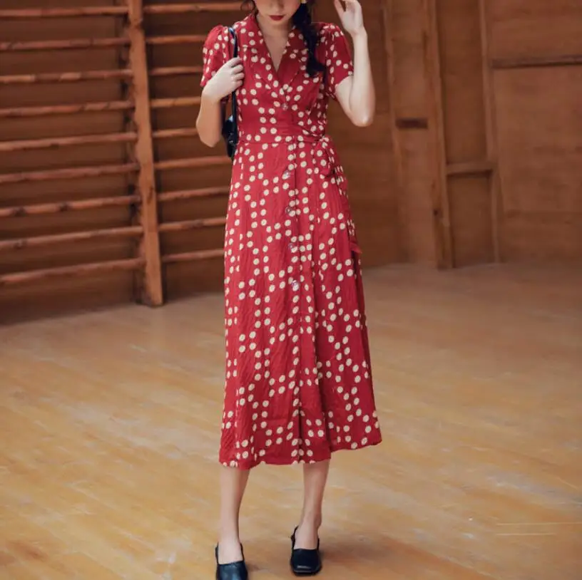 Летнее богемное платье в горошек для отдыха, шифоновое платье, маленькое Сексуальное Женское Платье макси с вырезами на шее - Цвет: Красный