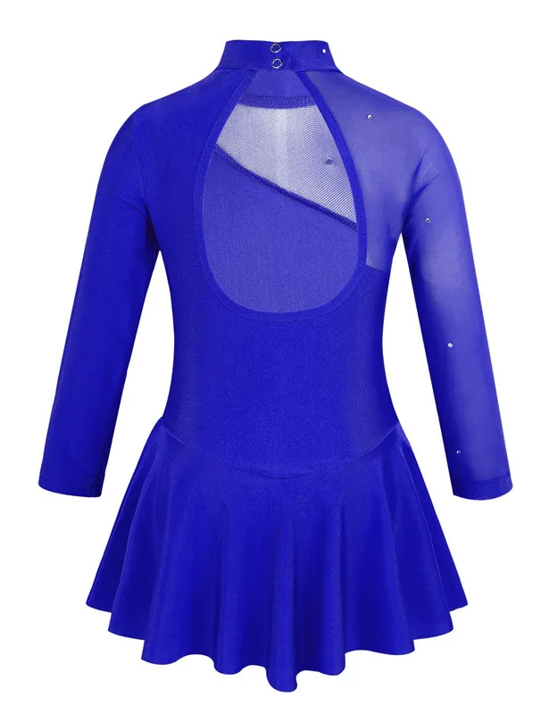 Kids Teens Rhinestones Tulle Long Sleeves Ballet Gymnastics Leotard Girls Performance Lyrical Dance Costume Figure Skating Dress