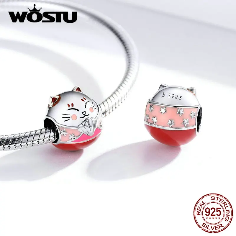 WOSTU, новая мода, 925 пробы, серебро, Фортуна, бусины кошка, розовая удача, шарм, подходит для оригинального браслета, кулон, хорошее ювелирное изделие, подарок, BKC1341