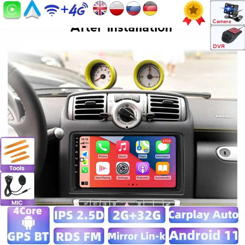 WIFI Android 11 2din Car Radio Multimedia Video Player For Smart Fortwo 2005 2006 2007 2008 2009 2010 Navigation GPS Audio 2 DIN |