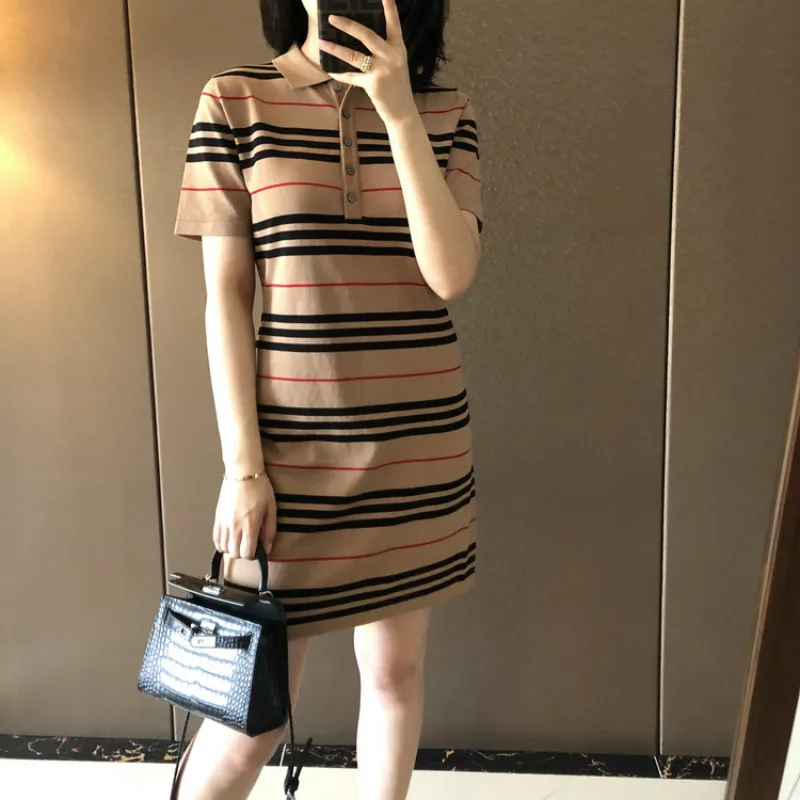 

2020 Summer Korean Dress Women Stripe patchwork sweater Polo Dresses casual Short Sleeve Midi Tshirt dress girl Clothes Vestidos