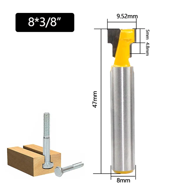 8mm Shank T-Slot Cutter Router Bit Set Key Hole Bits Hex Bolt T Slotting Milling Cutter for Wood Woodworking Tool C08-142 1pc 9.52mm