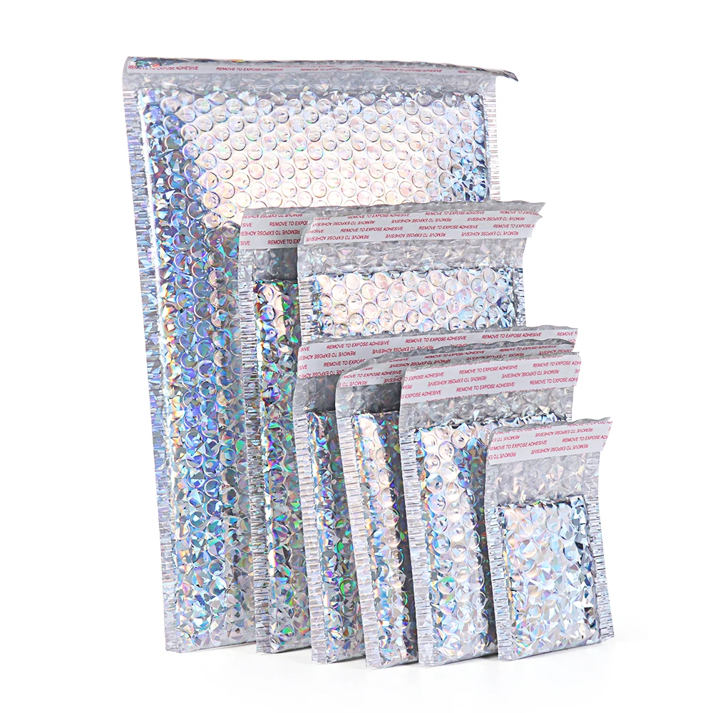 Envoltura protectora de plástico dorado con láser, bolsas de embalaje de espuma de burbuja blanca, transparente, a prueba de golpes, doble película, bolso acolchado, 5 uds.