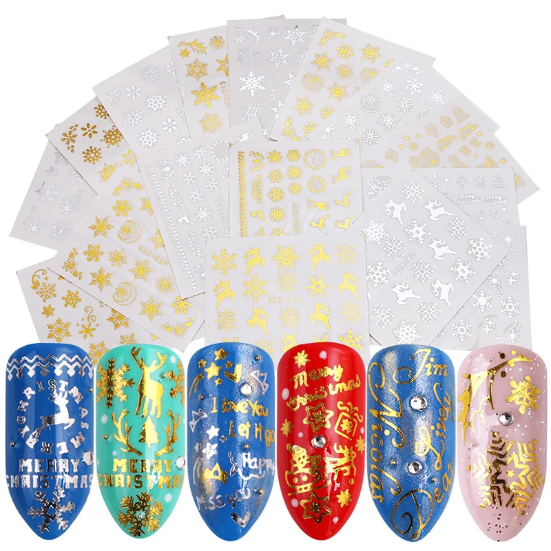 

1 Sheet Christmas Gold Silver Nail Water Decals Christmas Tree Deer Snow Mixed Pattern DIY Transfer Sticker Design Decoration