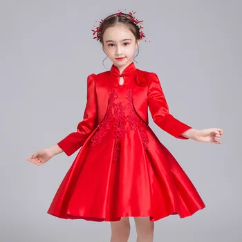 

2020 New Spring Girls Cheongsam Princess Dress Flower Girl Birthday Costumes Embroidered Flower Tutu Dress or With wrap 2pcs