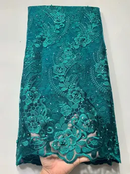 

Green African Net Lace Fabric High Quality Nigerian Tulle for Wedding Lace Fabrics Stone French Tulle Lace With Bead 5Yards