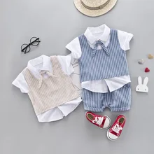 Новая Стильная летняя детская футболка с короткими рукавами для мальчиков жилет в полоску Комплект из трех предметов для детей 0-4 лет