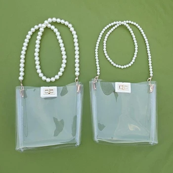 

Handmade DIY chain pearls Clear PVC Jelly Shoulder Bag Handbag Women Transparent Bucket Bag Female Chain Crossbody Messenger Bag