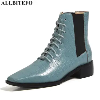 

ALLBITEFO fashion brand genuine leather square toe thick heles women boots high heels ankle boots for woemn autumn girls shoes