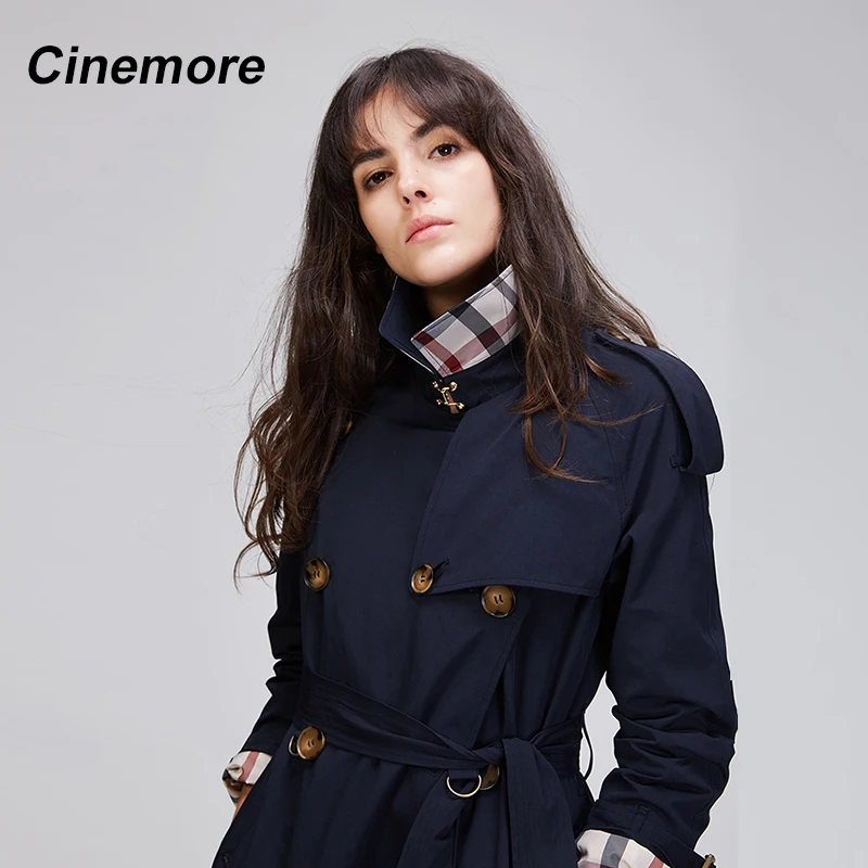 Cinemore 2020 Осенняя женская обувь новые модные двубортный плащ Тренч пальто в