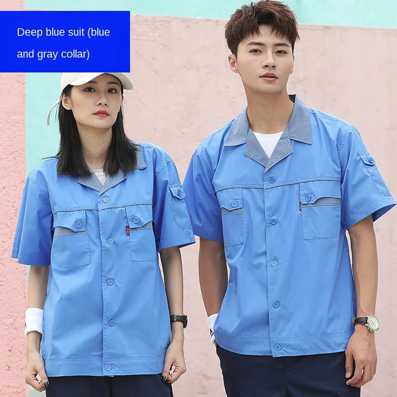 

Summer Men's Short Sleeve Coveralls Lapel Auto Repair Workshop Uniforms Top Pants Two Pieces Set Breathable B80
