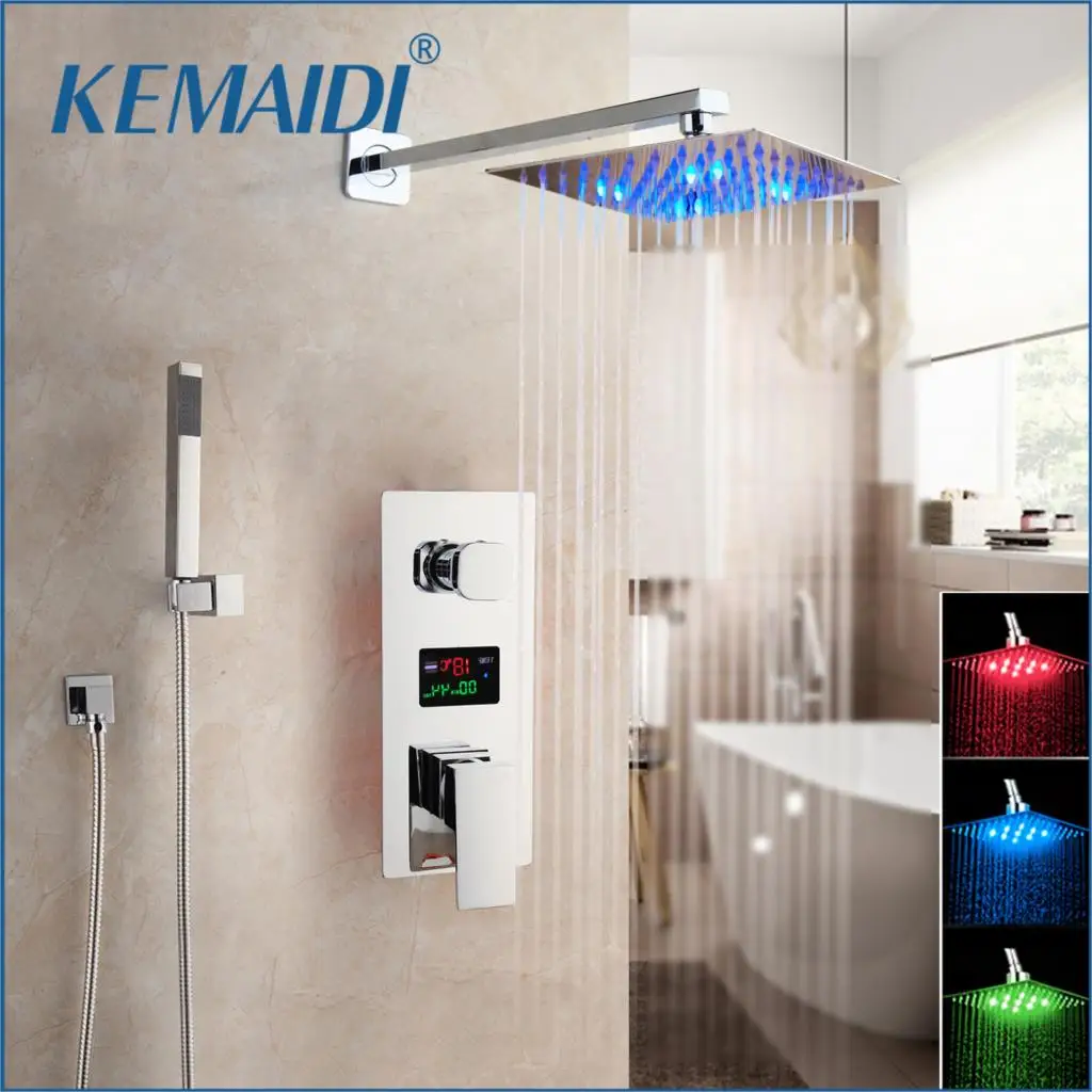 

KEMAIDI Chrome Finished LED Shower Head Digital Display Mixer Taps Bathroom Shower Faucet 3-Functions Digital Shower Faucets Set