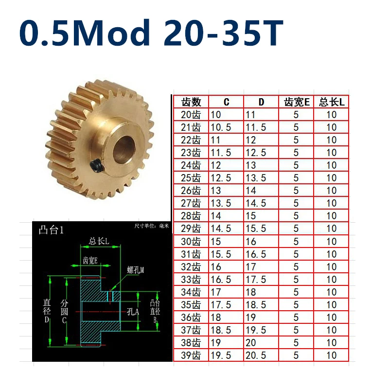1 조각 볼록 단계 구리 0.5Mod 20 21 22 23 24 25 26 27 28 29 30 31 32 33 34 35 치아 0.5 모듈 정밀 기어 피니언