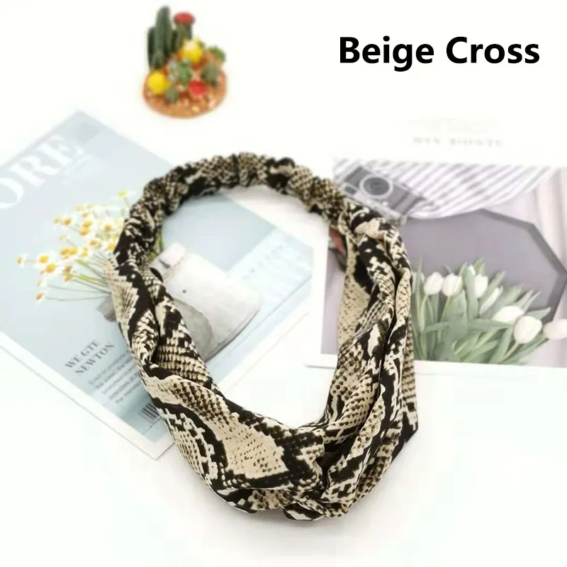 Beige Cross Украшение ободок для волос, Ретро стиль, ткань, украшение для волос, бант, 1 шт., Женские Ювелирные изделия, змеиный принт, змеиная лента для волос - Цвет: Beige Cross
