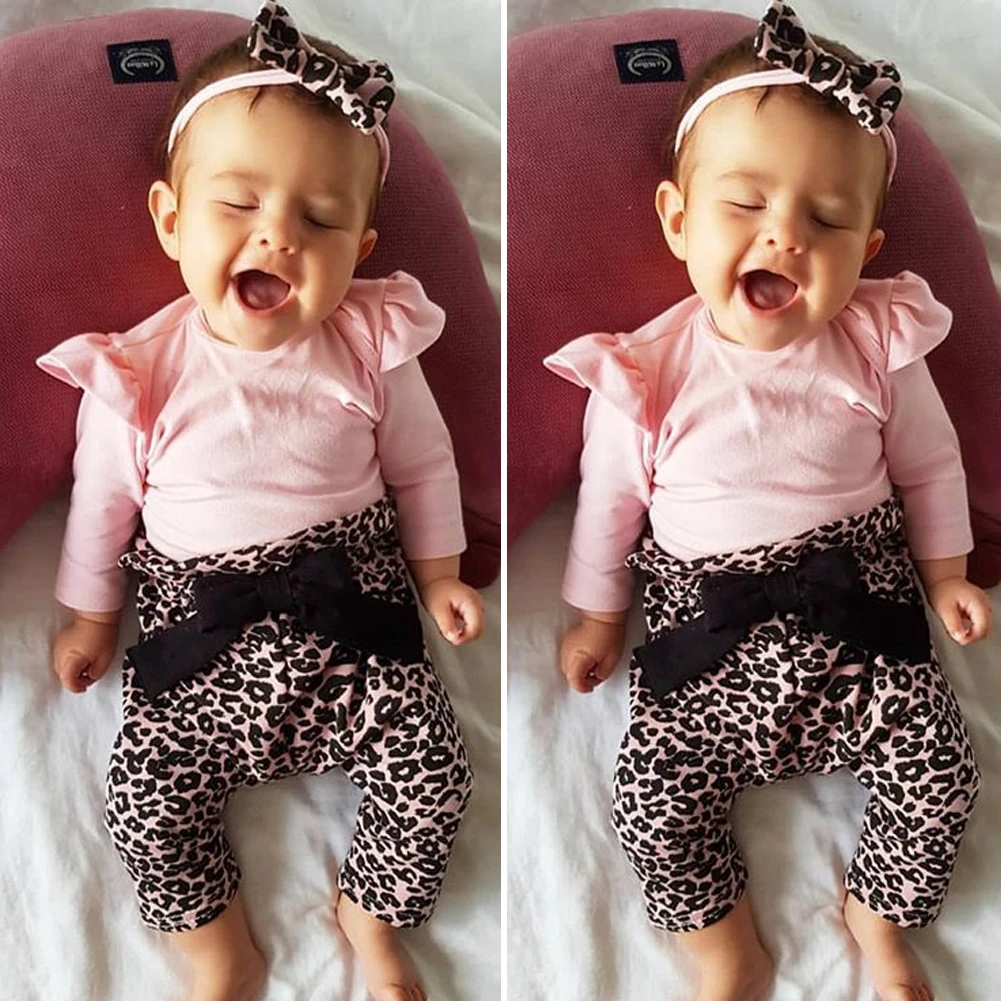 2019 Baby Spring Autumn Clothing Newborn Baby Girls Clothes Long Sleeve Tops Bodysuits Leopard Bowknot Pants Headband Outfit Set baby dress and set