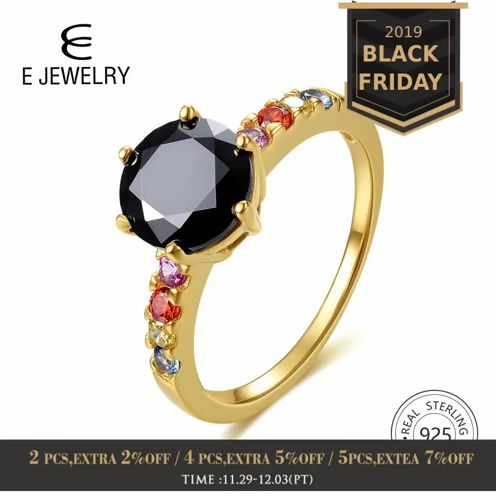 

E Jewelry 925 Sterling Silver Rainbow Ring for Women 14K Gold Plated Colorful Gemstones Wedding Band Ring Silver 925 Black Agate