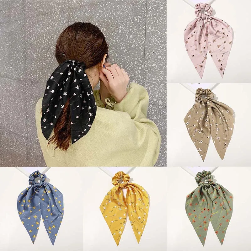 

2020 Flower Print Bow Scrunchies Hair Scarf Ponytail Headband for Women Hair Accesories Bowknot Elastic Hair Rope Hairbands