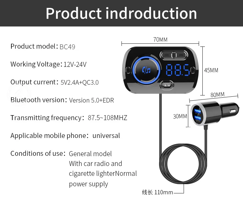 Bluetooth 5,0 fm-передатчик QC3.0 автомобильное зарядное устройство адаптер MP3-плеер двойной USB светильник для быстрой зарядки автомобильный комплект с радио/TF картой/музыкой