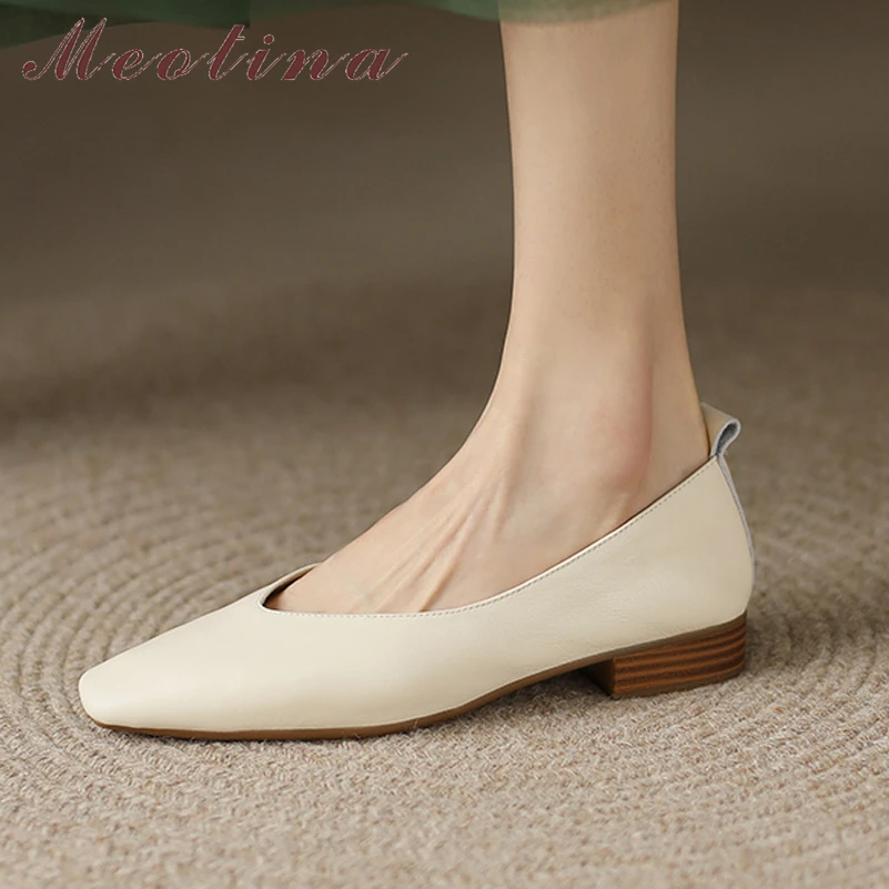 

Meotina Women Fashion Shoes Genuine Leather Flat Shoes Square Toe Causal Ladies Footwear 2022 Spring Autumn Beige Apricot 34-40