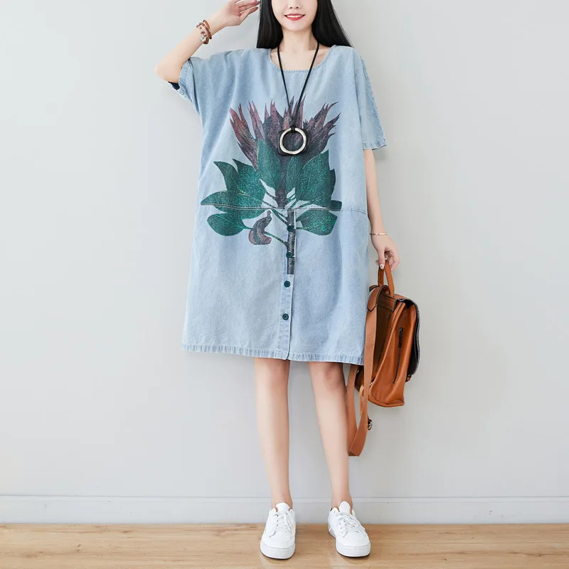 

2020 female new summer plus size Short-sleeved o- neck washed slim long section personality loose stitching denim dress