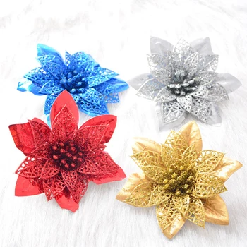 

Large Artificial Flowers for Christmas Decor Glitter Poinsettia Fake Flowers DIY Home Xmas New Year Decoration Flower Wedding
