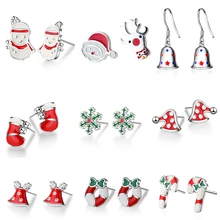 Dainty 925 Sterling Silver Christmas Stud Earrings For Women Tree Snowflake Bell Snowman Deer Earrings Jewelry Xmas Gifts
