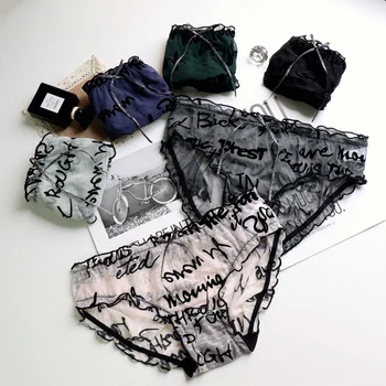 

Popular girl panties women lace bubble mesh underwear women flocking letters hip sexy breathable women's briefs BABEICUI