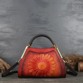 

New style messenger bag women's leather women's bag fashion trendy people's head leather sun flower embossed Vintage