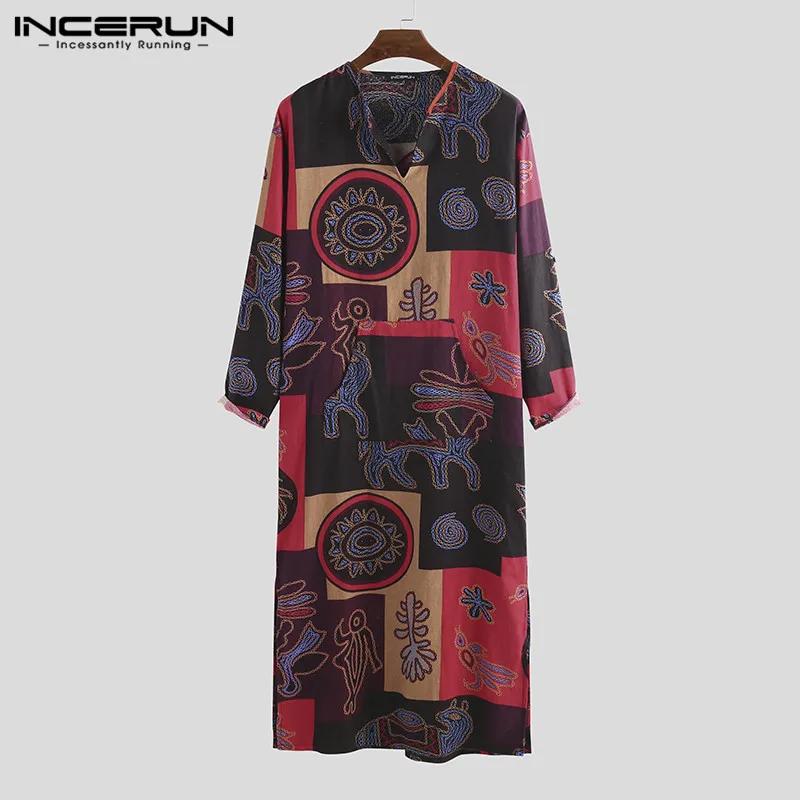 Red INCERUN печать Для мужчин мусульманский, арабский костюм, накидка, Восточный халат в стиле ретро с v-образным вырезом с длинным рукавом хлопковая Абая Исламская Дубай cаудовская Аравия Для мужчин халаты Арабские накидки и таубы - Цвет: Red
