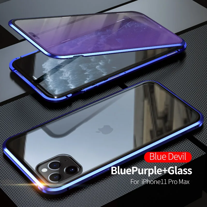 Роскошный противоударный защитный чехол для телефона, чехол для iPhone 11 Pro Max, синее закаленное стекло и Алюминиевый металлический магнитный чехол