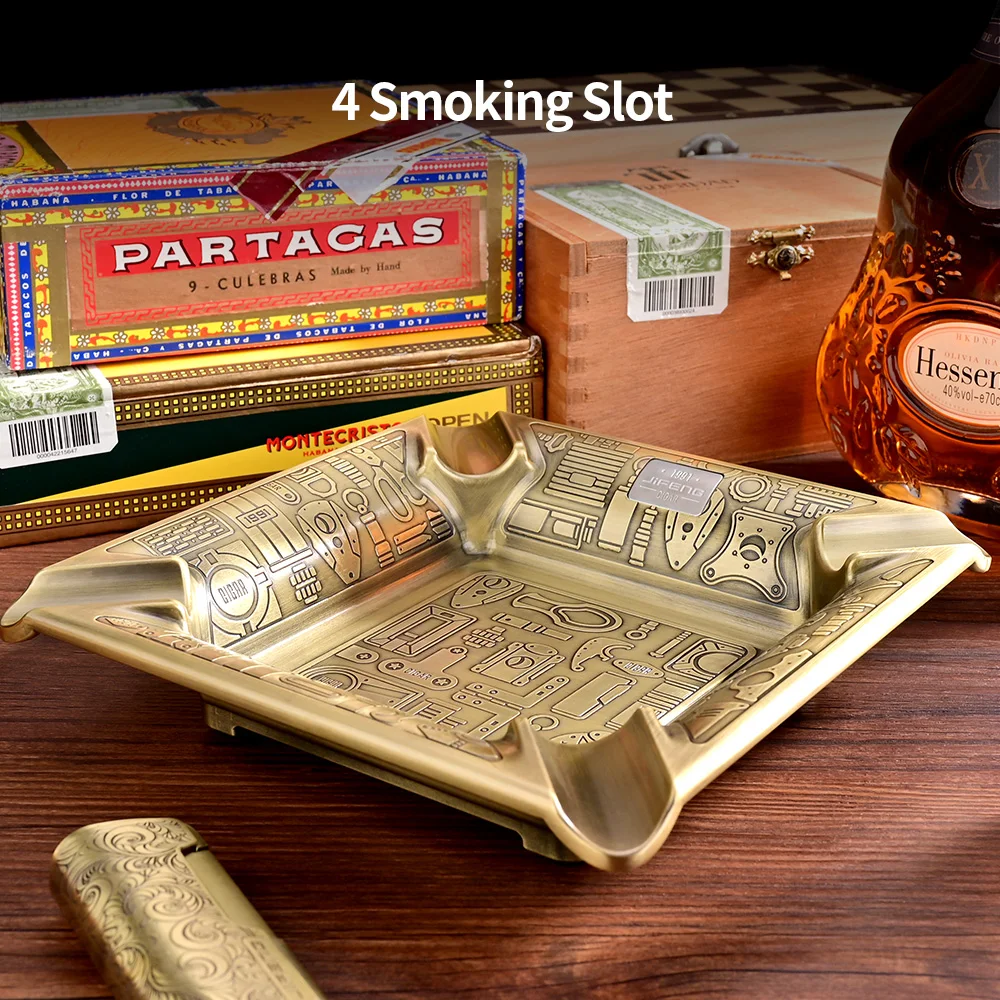 CIGARLOONG-시가 재떨이 구리 금속 대구경 흡연 트로프, 럭셔리 클래식 청동 조각 시가 재떨이 4 홀더