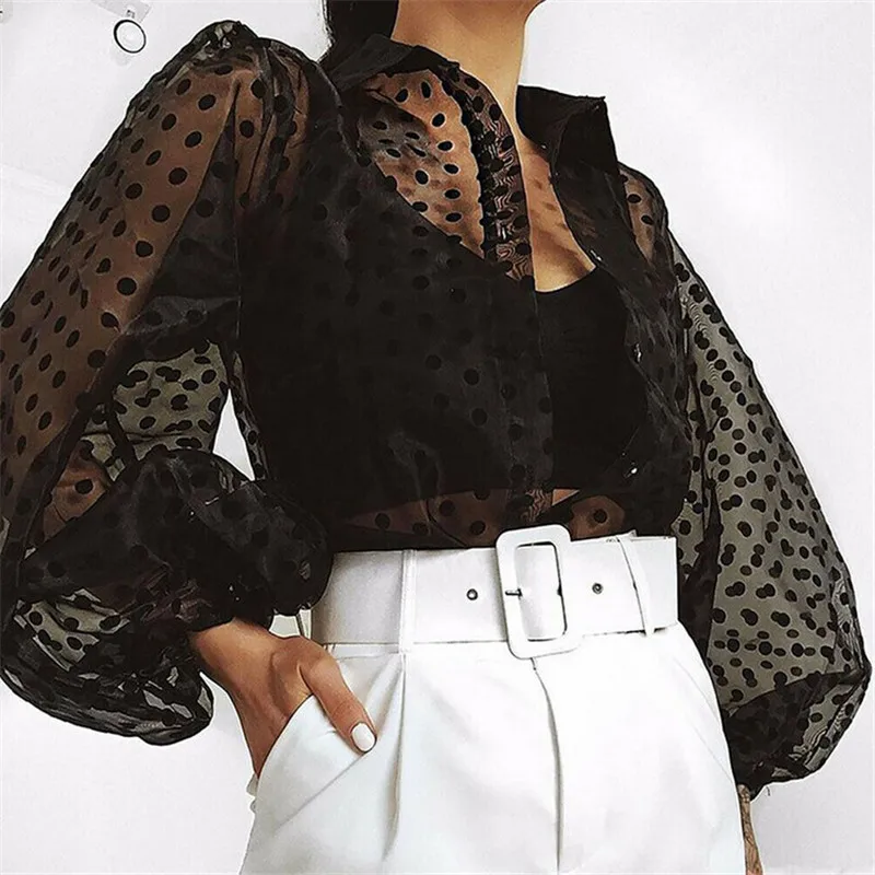 Женская кружевная сетчатая прозрачная блузка с длинными рукавами, топы, рубашки в горошек, с пышными рукавами, на пуговицах, полупрозрачный Топ