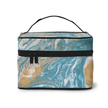 

Women's Travel Organization Beauty Cosmetic Make up Storage Lady Wash Bags Gold Blue Marble Texture Handbag Pouch