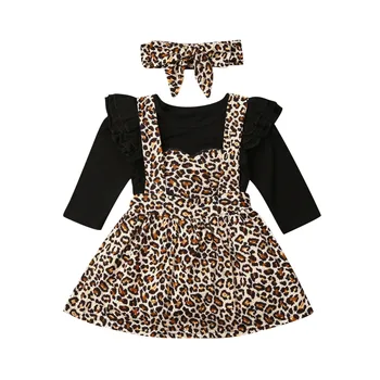 

Autumn Infant Kids Girls Clothes Sets 0-24M Leopard Print Long Sleeve Romper+Bib Strap Dress+Headband 3pcs