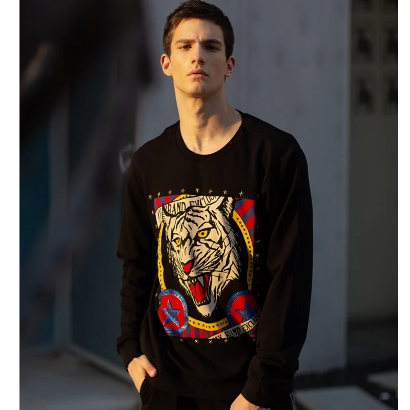 

Alex Plein Tiger Rhinestones Stud Sweartshirt Men 100% Cotton Streetwear Man Fashion Oversized One Piece Round Neck 2020 Winter