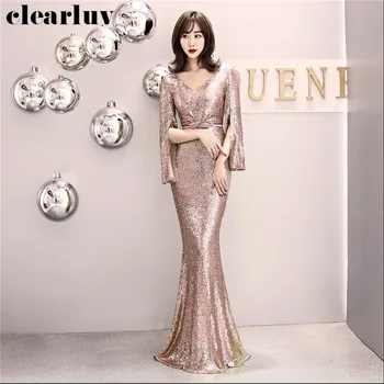 

Long Sleeved Prom Dress Gold Sequins Mermaid Evening Dresses DX315-4 Elegant Slim Party Gown 2020 Plus Size Long Robe De Soiree